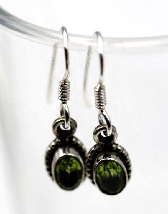 Genuine Sterling Silver 925 Oval Bezel Peridot Hook Earrings