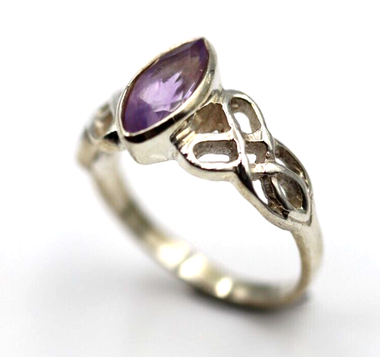 Size N Sterling Silver 925 Marquee Amethyst Celtic Weave Ring