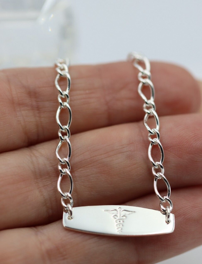 Genuine 925 Sterling Silver Oval Figaro Medical ID Bracelet 19cm