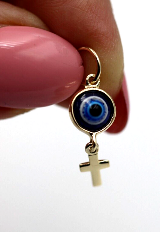 Genuine 9ct Yellow, Rose or White Gold Greek Mati Nazar Lucky 7mm Evil Eye + Cross Charm or Pendant