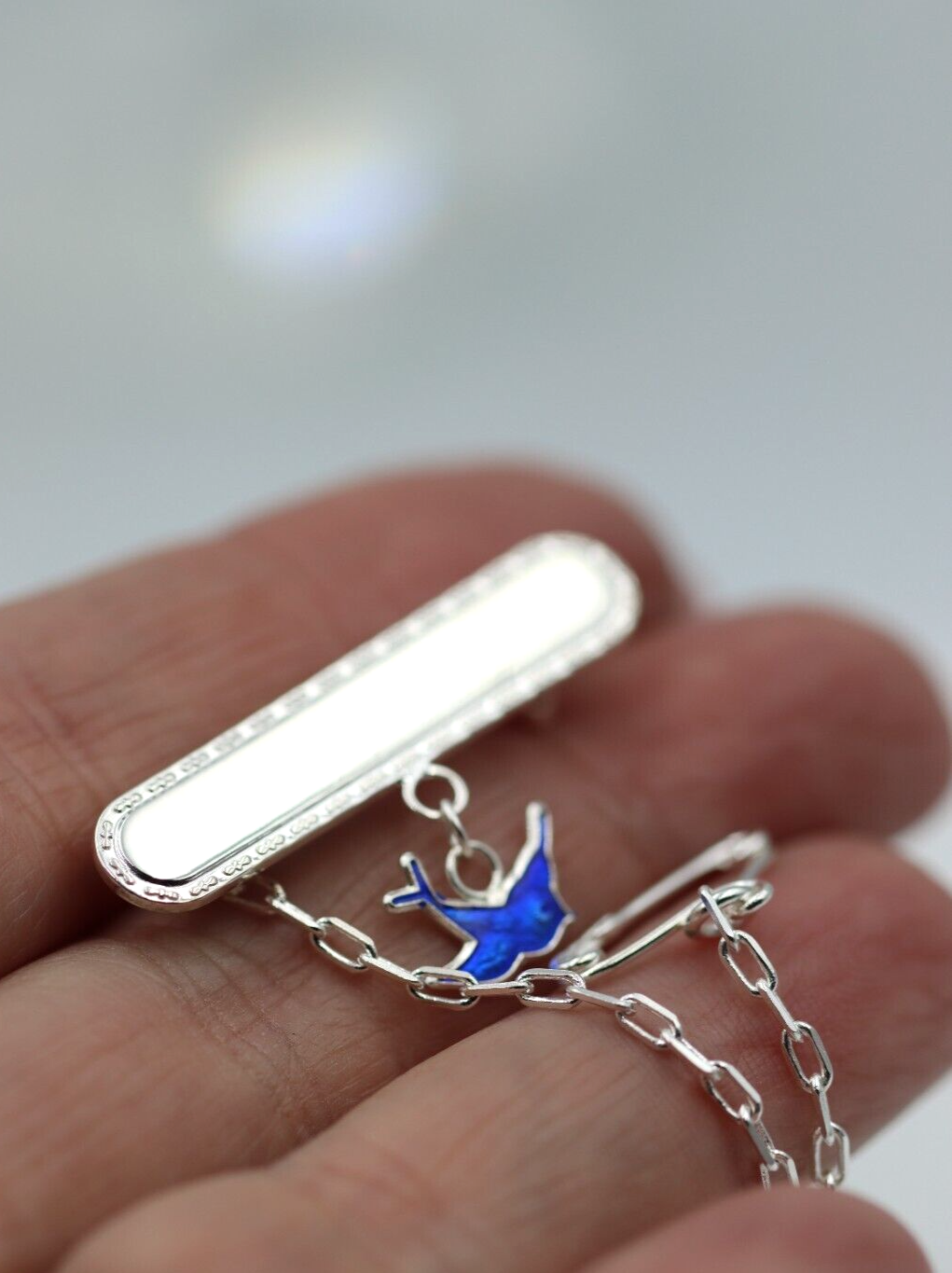 Sterling Silver 925 Enamel Bluebird ID Name Baby Brooch, Free Laser Engraving