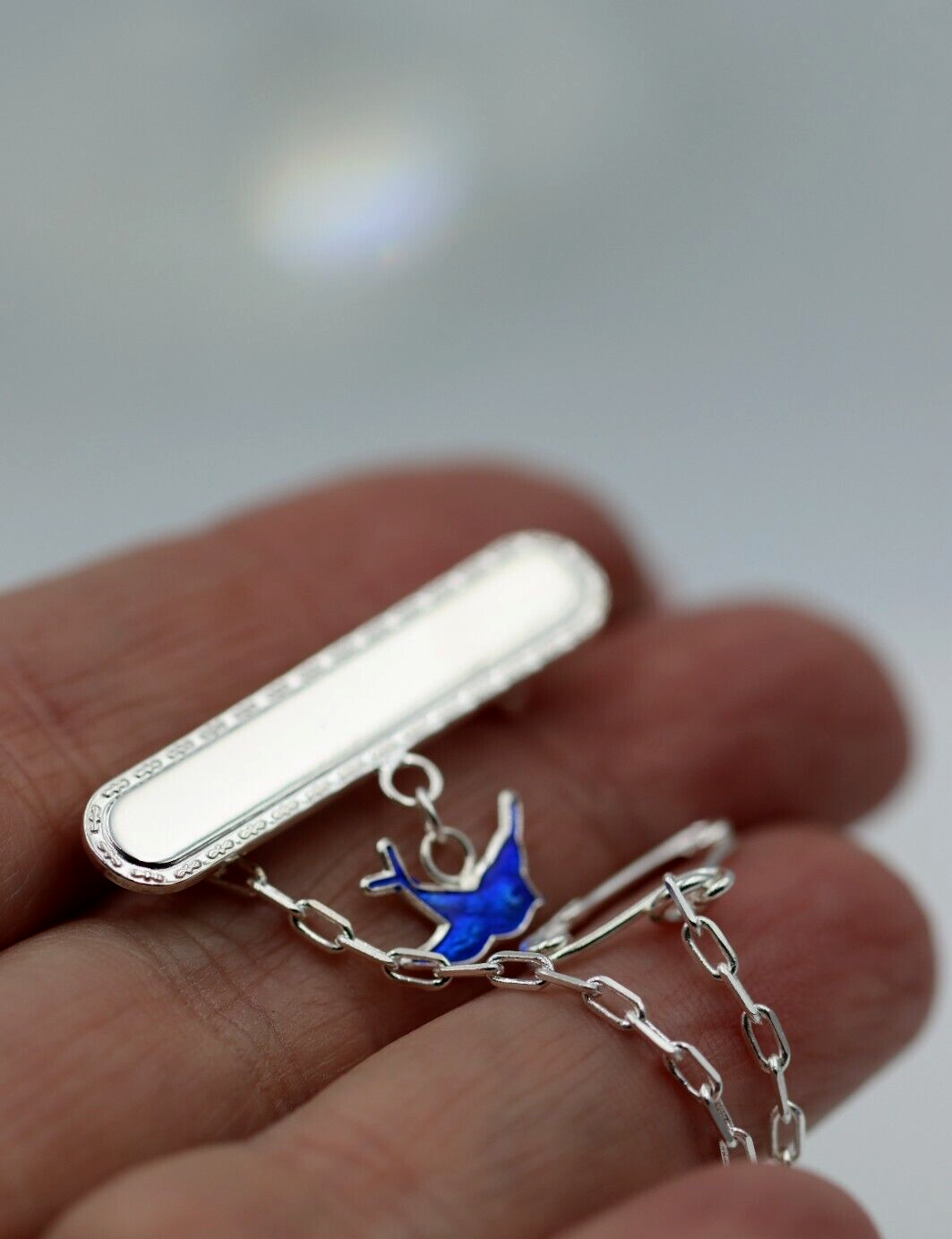 Sterling Silver 925 Enamel Bluebird ID Name Baby Brooch, Free Laser Engraving