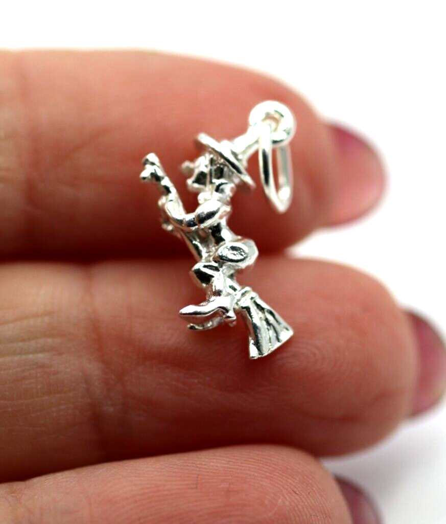 Sterling Silver 925 Witch on Broomstick Halloween Charm Pendant