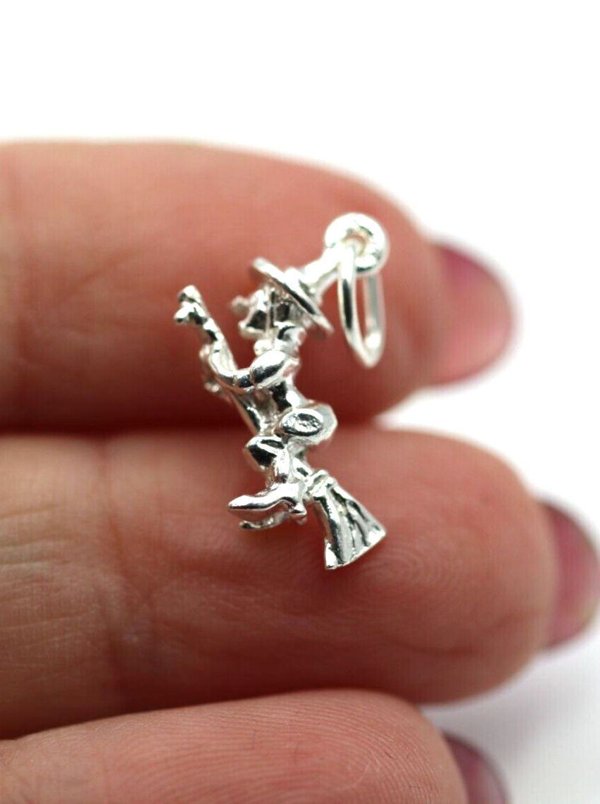 Sterling Silver 925 Witch on Broomstick Halloween Charm Pendant