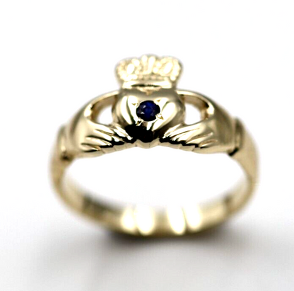 Genuine 9ct Yellow Gold Blue Sapphire(Birthstone September) Claddagh Ring - Choose your size