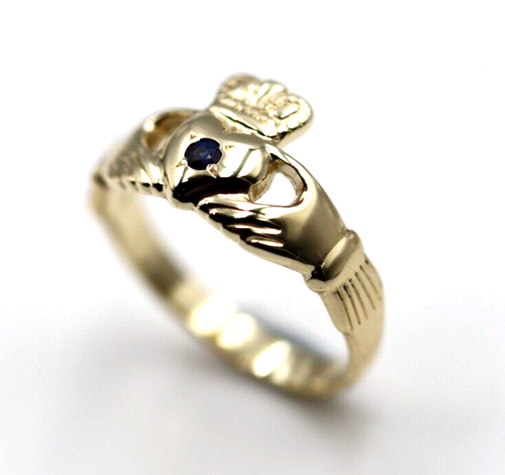 Genuine 9ct Yellow Gold Blue Sapphire(Birthstone September) Claddagh Ring - Choose your size