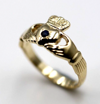 Genuine 9ct Yellow Gold Blue Sapphire(Birthstone September) Claddagh Ring - Choose your size