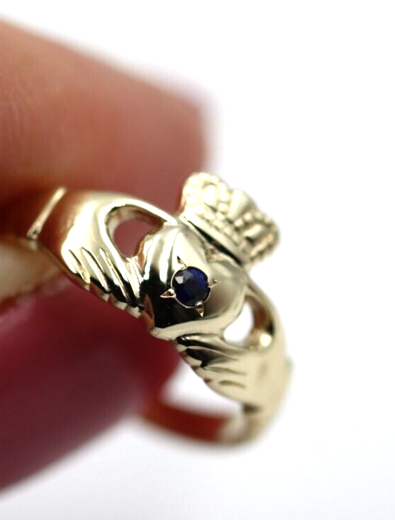 Genuine 9ct Yellow Gold Blue Sapphire(Birthstone September) Claddagh Ring - Choose your size