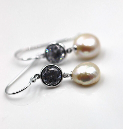 Sterling Silver 925 Freshwater Cultured Baroque Pearl Bezel Earrings