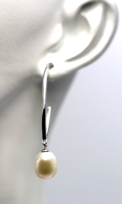 Sterling Silver 925 Oval Freshwater Cultured Pearl Drop Studs Earrings