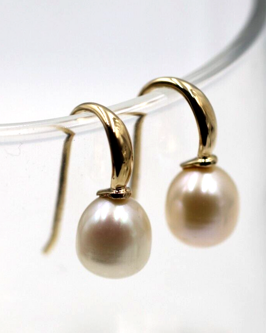 Genuine 9ct Yellow Gold Oval Freshwater Pearl 8x9mm Ball Earrings