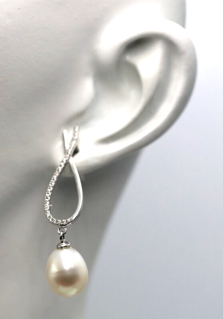 Sterling Silver 925 Freshwater Oval CZ White Pearl Ball Earrings