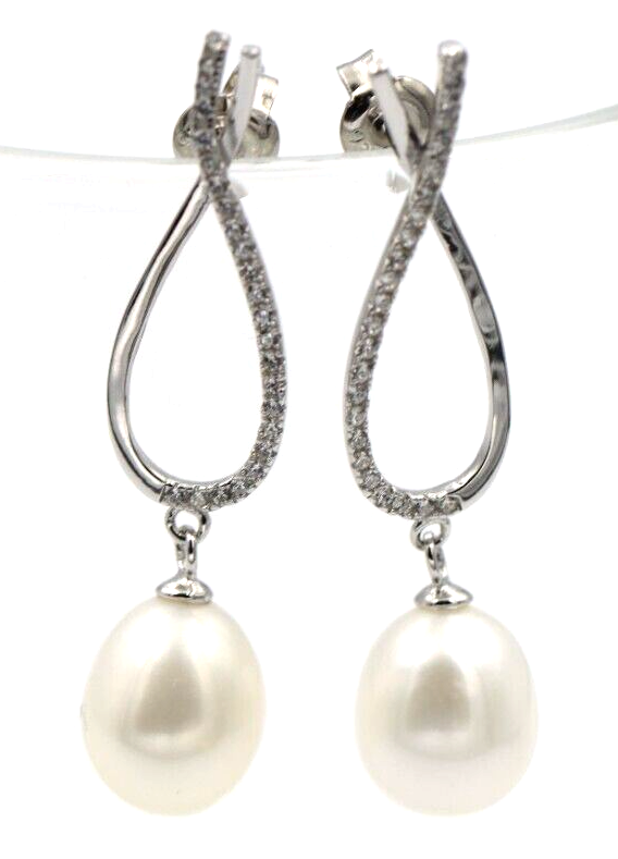 Sterling Silver 925 Freshwater Oval CZ White Pearl Ball Earrings