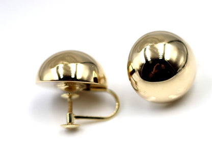 Genuine 9ct Yellow, Rose or White Gold 16mm Stud Half Ball Earrings Screw Clip Non Pierced