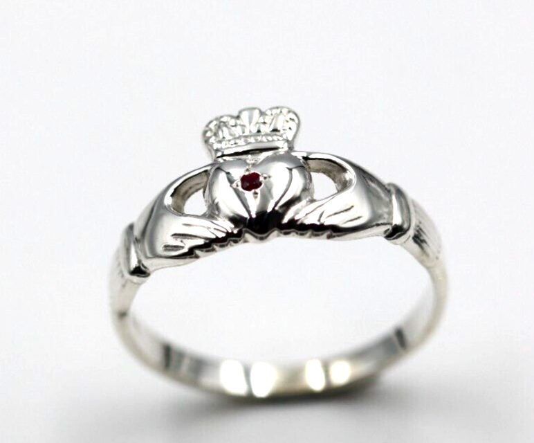 Size L Sterling Silver Ruby Claddagh Ring July Birthstone