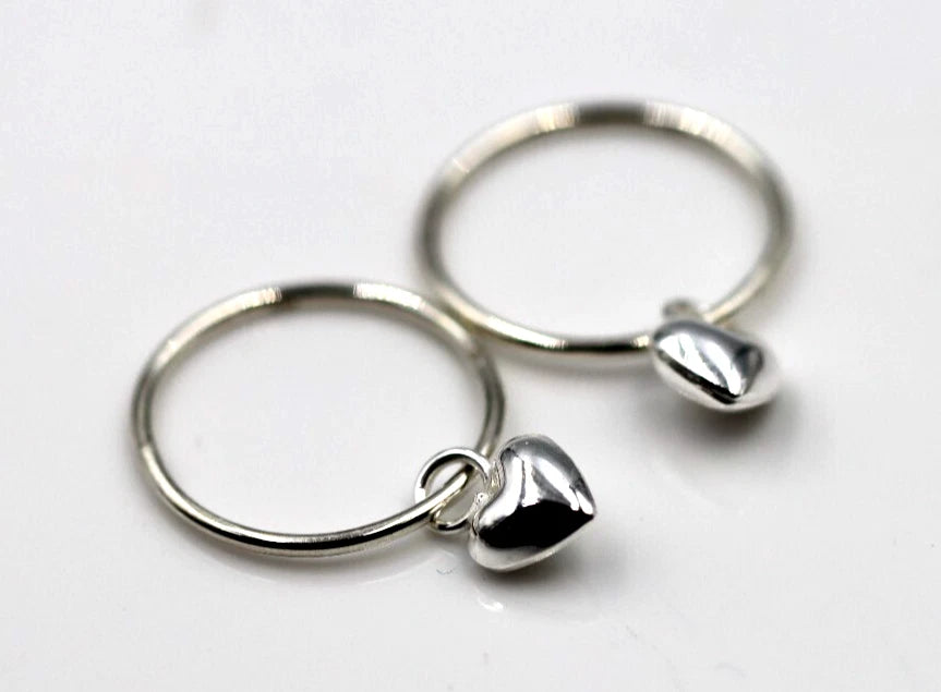 Sterling Silver 925 Sleepers Hinged Hoops Earrings + Heart Charms