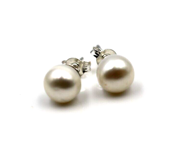 Sterling Silver 925 7.7mm Freshwater White Button Pearl Earrings