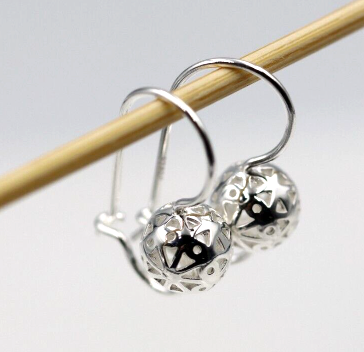 Genuine Sterling Silver 925 8mm Filigree Euro Ball Earrings