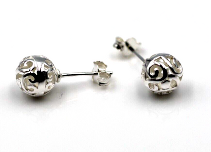 Genuine Sterling Silver 925 Full Ball 8mm Filigree Ball Studs Earrings