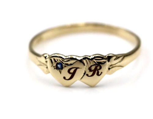 Genuine 9ct 9k Yellow, Rose or White Gold Aust Blue Sapphire Double Heart Signet Ring plus engraving