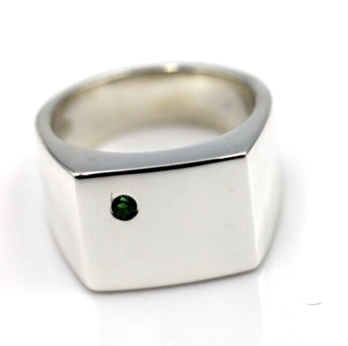 Size R Mens Genuine Emerald Set Sterling Silver Rectangle Signet Ring