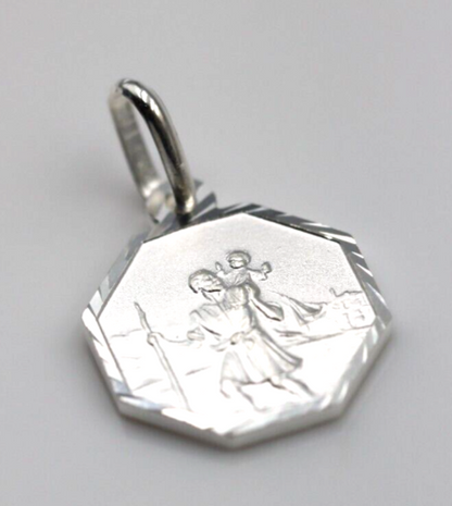 Sterling Silver St Christopher 12mm Octagonal Pendant Travel Saint