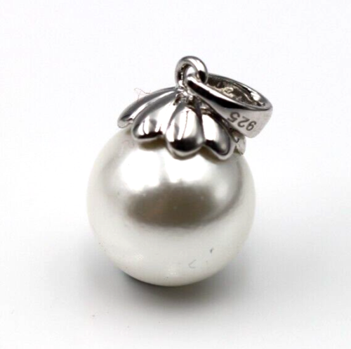 Sterling Silver 925 Flower 12mm Shell White Pearl Ball Pendant