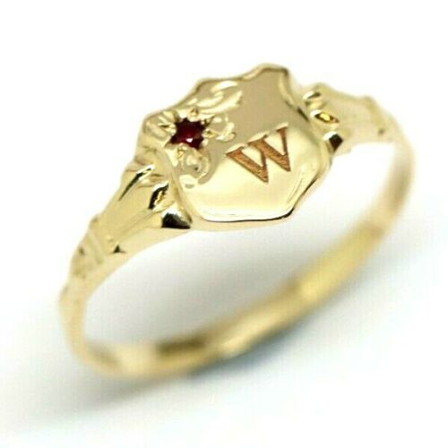 Genuine 9ct Small Yellow, Rose or White Gold Childs Ruby Shield Signet Ring + engraving of 1 initial