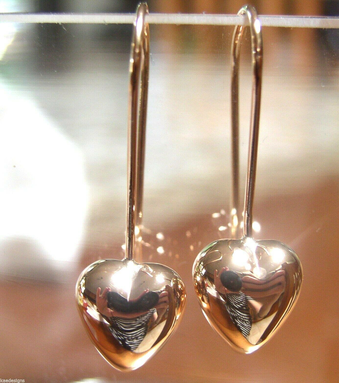 Genuine 9ct Solid Yellow, Rose and White Gold Large Hooks Dangle Puffed Heart Earrings