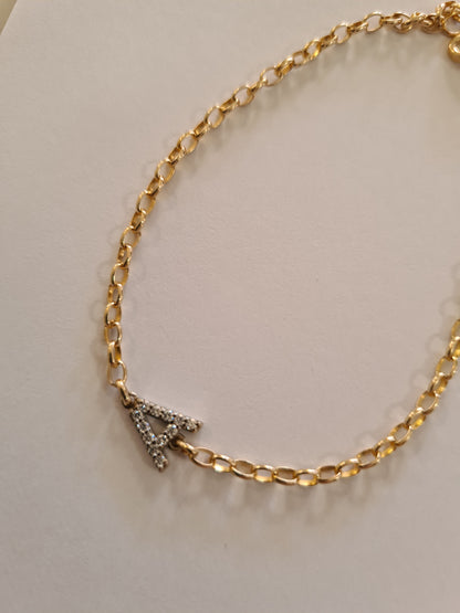 Genuine 9ct 375 Solid Yellow Gold Belcher 19cm Bracelet Diamond Initial A