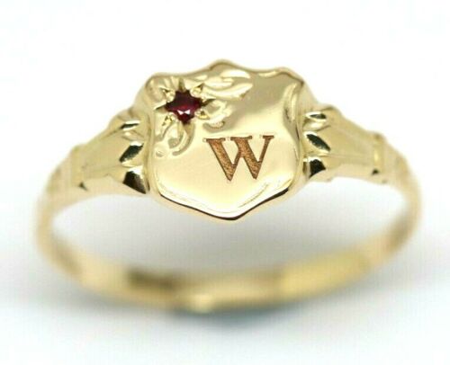 Genuine 9ct Small Yellow, Rose or White Gold Childs Ruby Shield Signet Ring + engraving of 1 initial