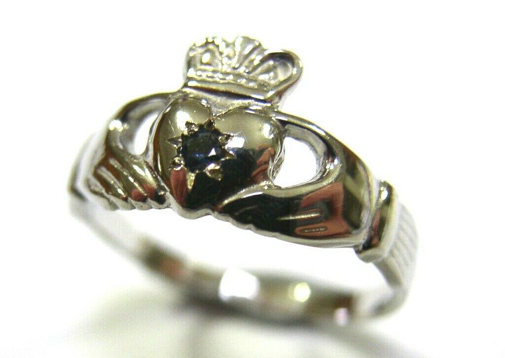 Genuine 9ct White Gold Ceylon Sapphire (Birthstone Of September) Claddagh Ring