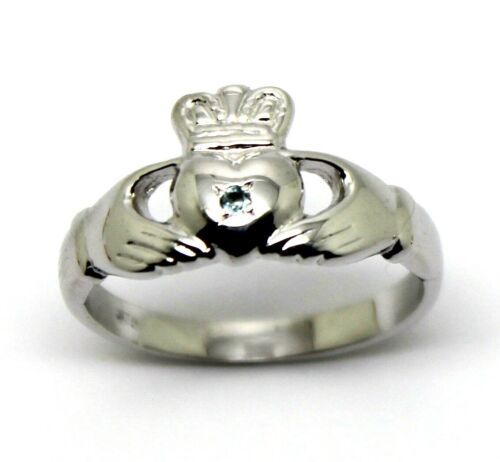 Genuine 9ct 9k 375 White Gold Blue Topaz (Birthstone Of November) Claddagh Ring