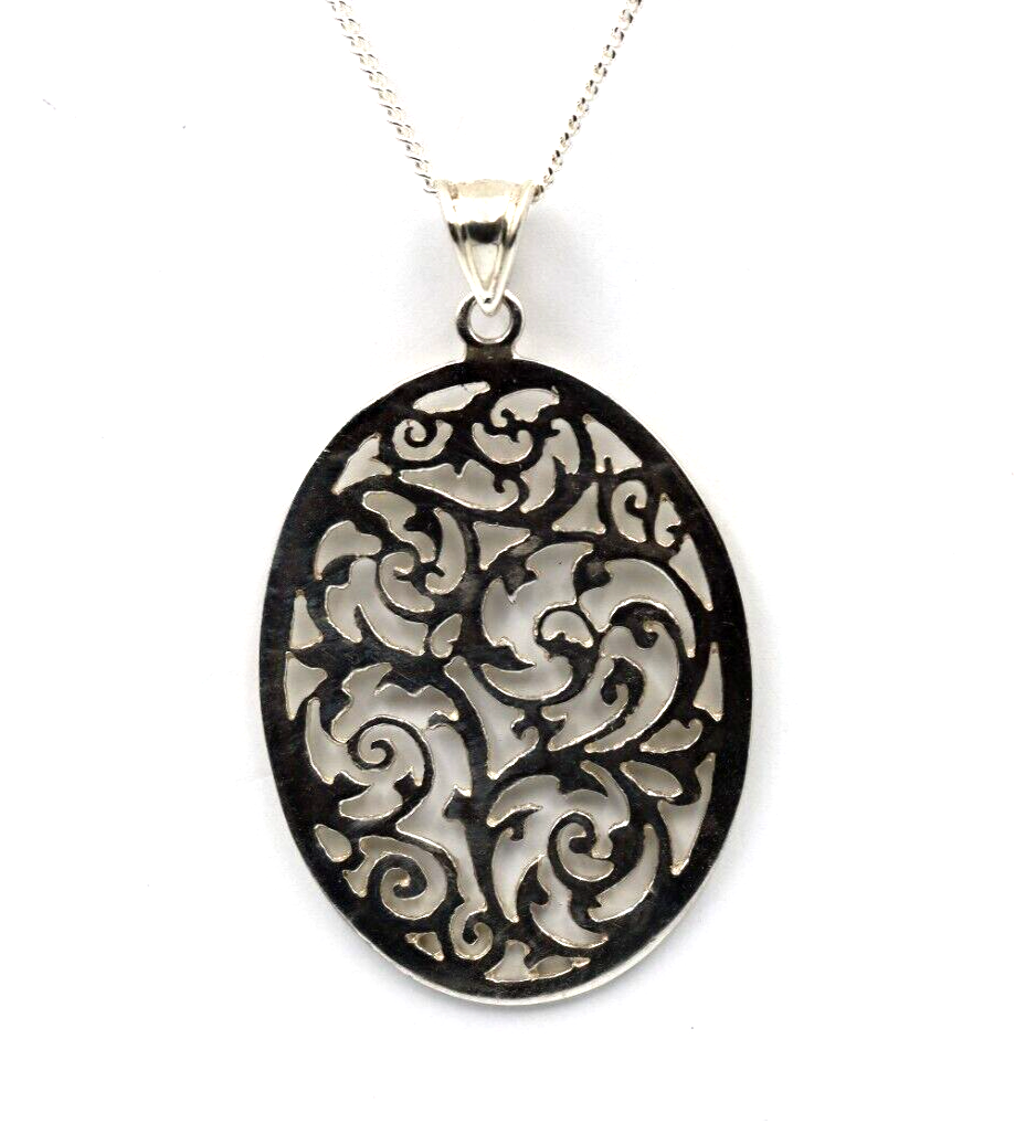 Sterling Silver Large Oval Filigree Pendant + 55cm Curb Necklace