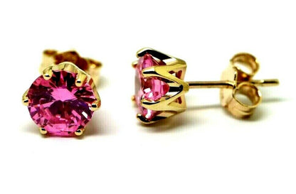 Genuine 9ct Yellow Gold Claw-set Round Pink Sapphire CZ 7mm Stud Earrings