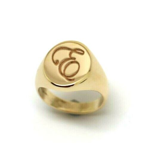 Solid Heavy New 9ct Yellow, Rose or White Gold Oval Signet Ring Size F +Engraved with letter E