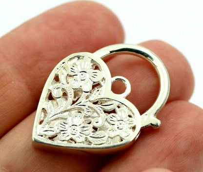 Large Sterling Silver Filigree Flat Heart Padlock Pendant 20mm