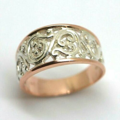 Size Q New Genuine Sterling Silver & 9ct Rose Gold Rims Filigree Swirl Ring