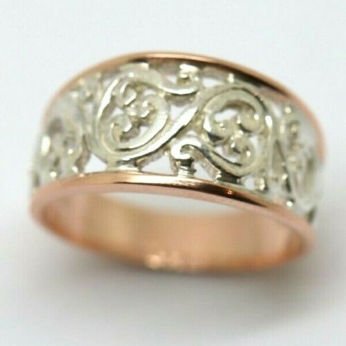 Size Q New Genuine Sterling Silver & 9ct Rose Gold Rims Filigree Swirl Ring