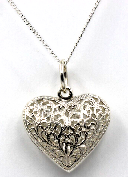 Sterling Silver Large Bubble Heart Filigree Pendant 55cm Curb Necklace