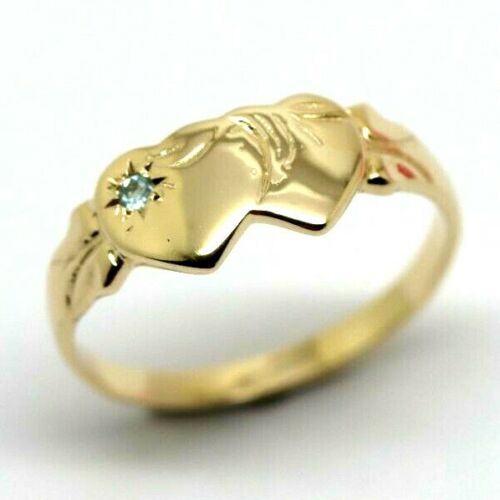 Genuine 9ct Yellow Gold Double Heart Blue Topaz November Birthstone Signet Ring In your size