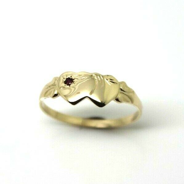 Size Q 9ct 9k Yellow Gold Double Heart Ruby Signet Ring - July Birthstone