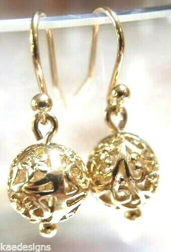 Kaedesigns Genuine 9ct Yellow, Rose or White Gold 10mm Euro Ball Drop Filigree Earrings