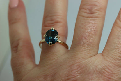 Genuine New Size Q 9ct Yellow Gold Delicate London Blue Topaz Oval Ring