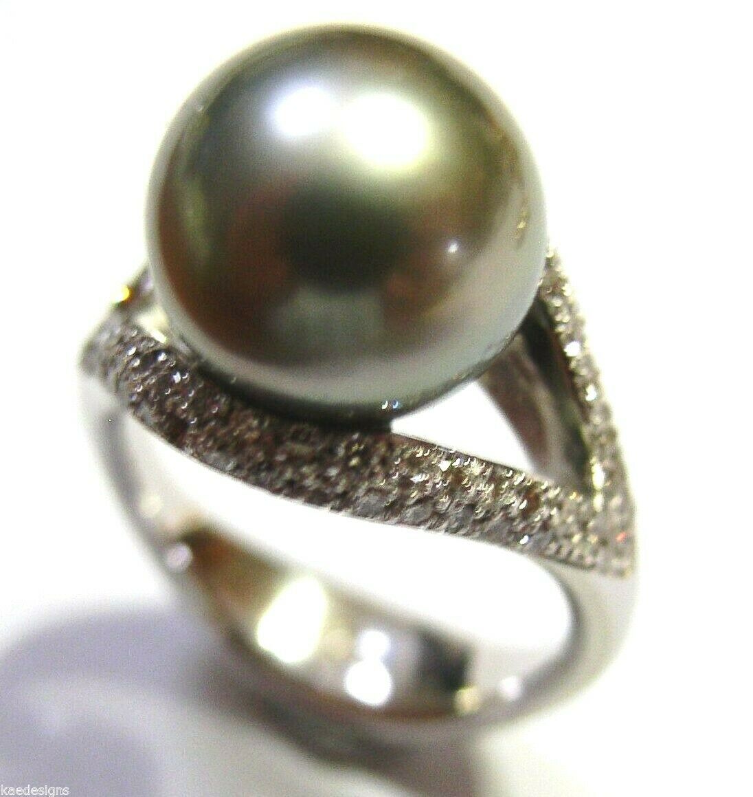 Size K Genuine 18ct 18K Solid White Gold 11mm Tahitian Pearl & Diamond Ring