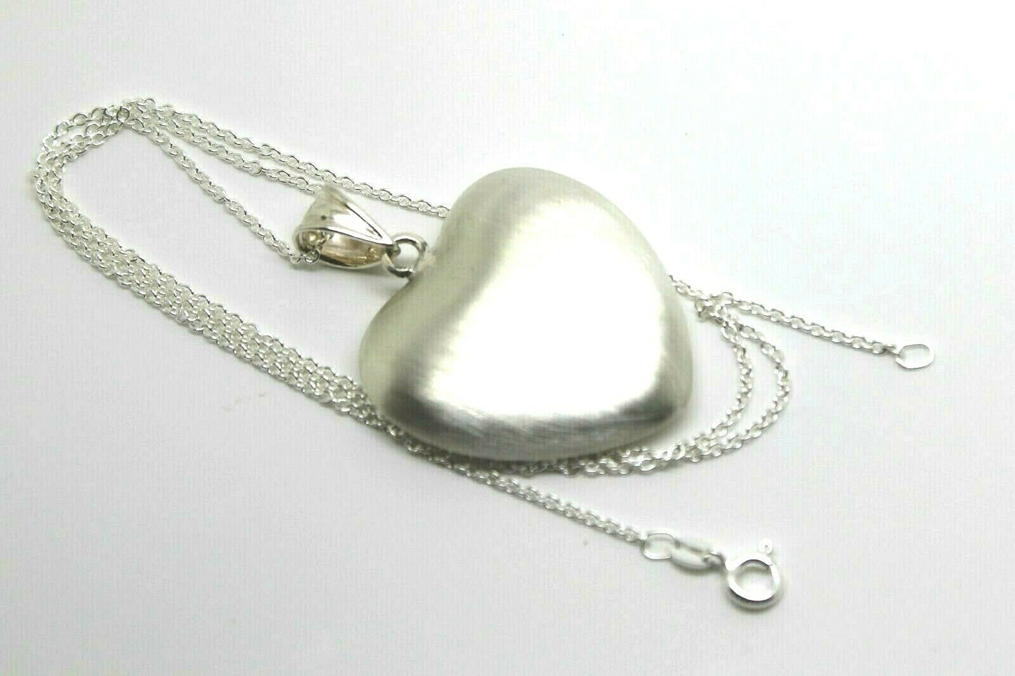 Genuine Sterling Silver Chain Necklace & Large Brushed Heart Pendant