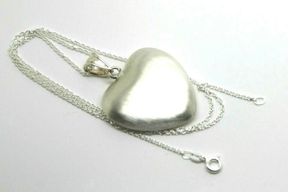 Genuine Sterling Silver Chain Necklace & Large Brushed Heart Pendant