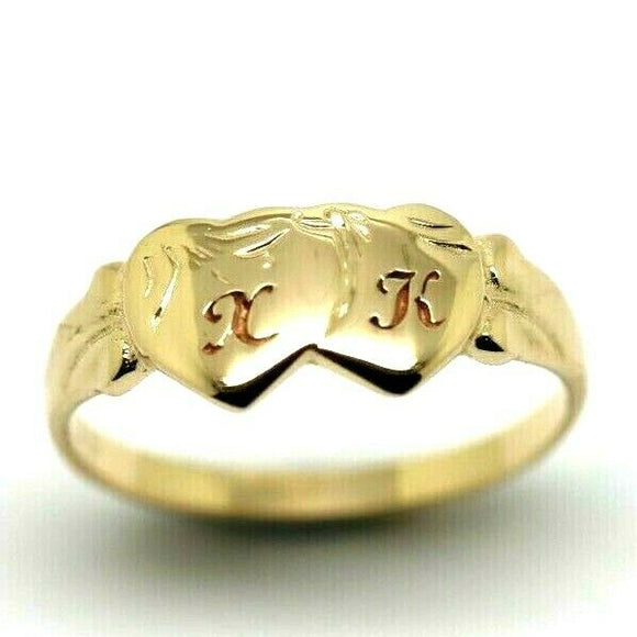 Genuine 9ct 9k Yellow, Rose or White Gold Double Heart Signet Ring + Engraving 2 initials