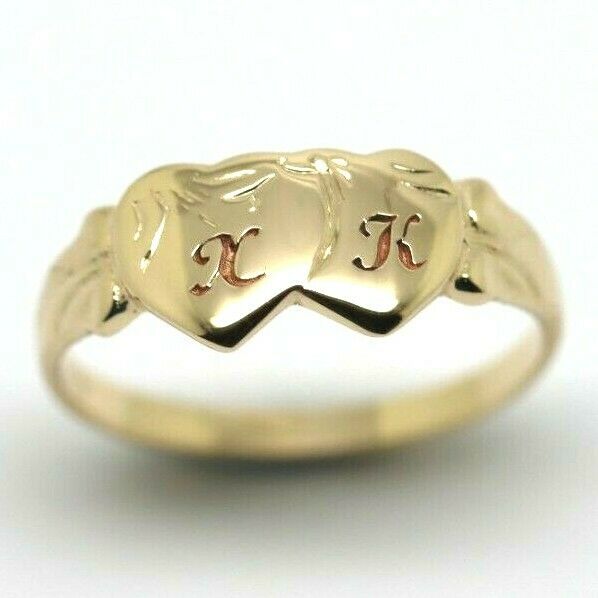 Genuine 9ct 9k Yellow, Rose or White Gold Double Heart Signet Ring + Engraving 2 initials