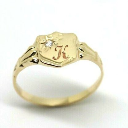 Size K 9ct Yellow Gold Cubic Zirconia Shield Signet Ring -Letter K